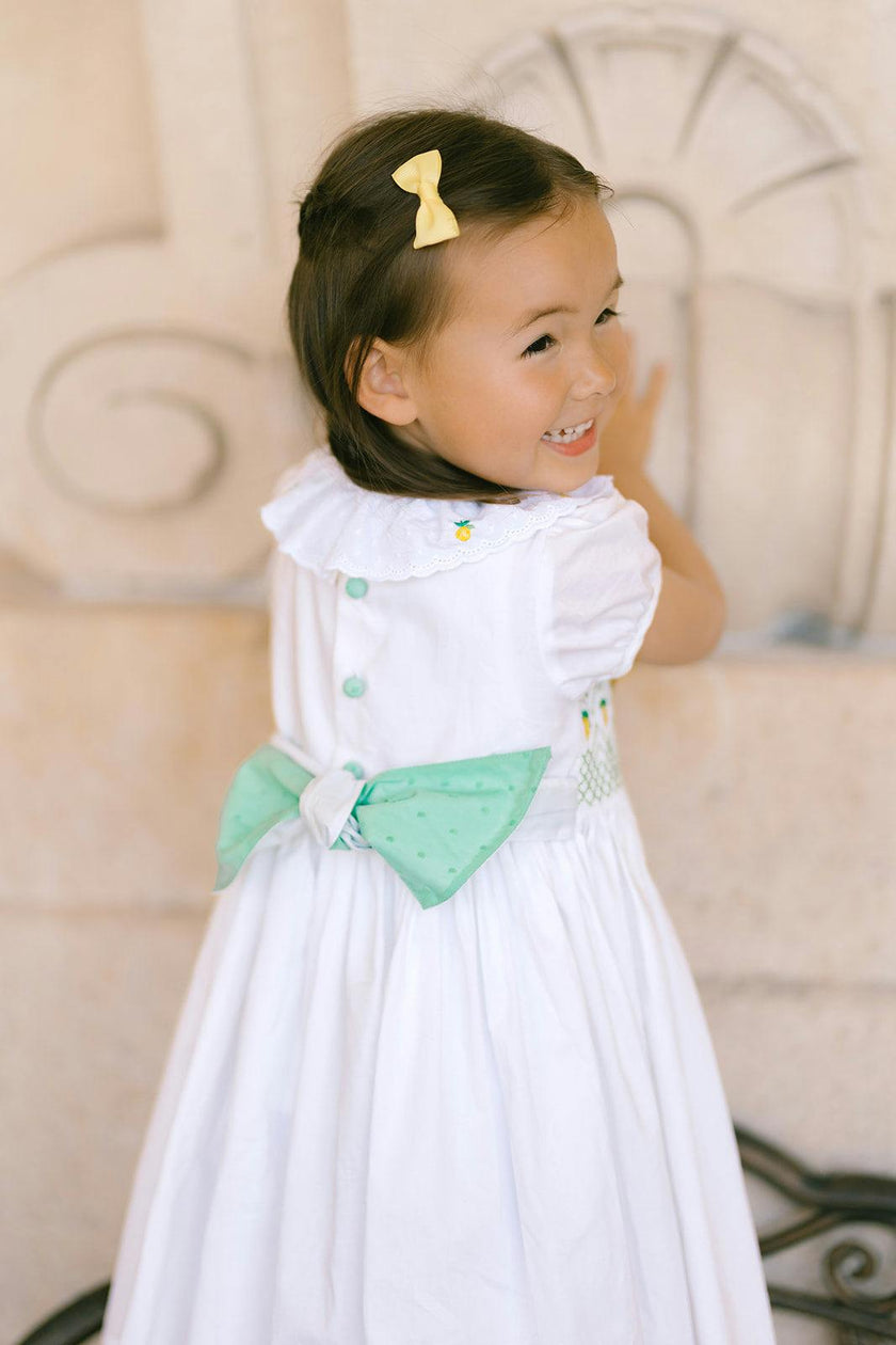 Victoria White Smocked Dress with Hand-Embroidered Lemons