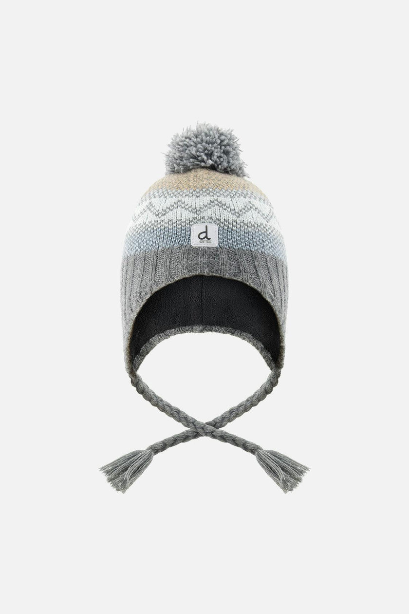 Winter Peruvian Knit Hat with Pompom Grey and Blue Fair Isle