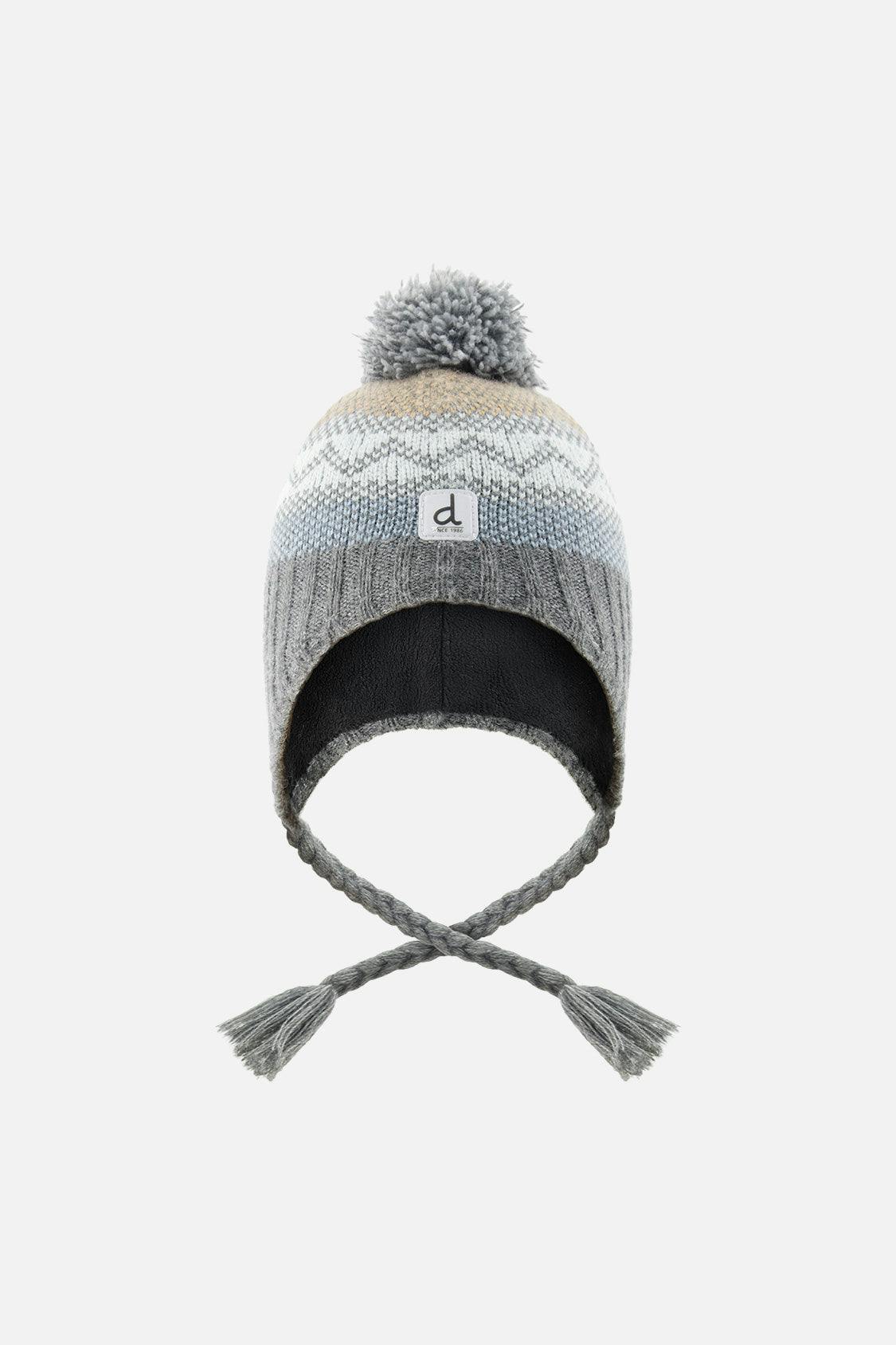 Winter Peruvian Knit Hat with Pompom Grey and Blue Fair Isle
