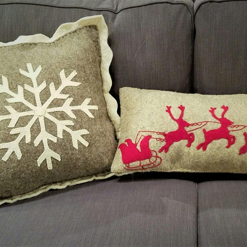 Handmade Christmas Pillow Hand Felted Wool - Red Reindeer Gray - 12"x24" Arcadia Home