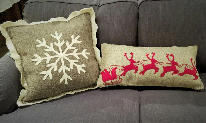 Handmade Christmas Pillow Hand Felted Wool - Red Reindeer Gray - 12"x24"