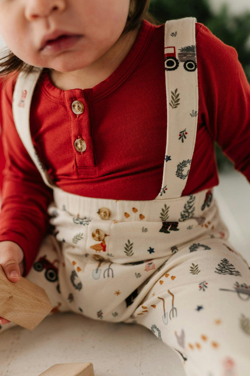 Baby Boy Henley Bodysuit & Suspenders Set in Christmas Farm