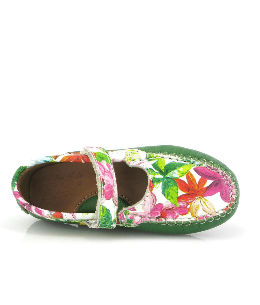 Mary Jane Moccasins, Green Printed Leather