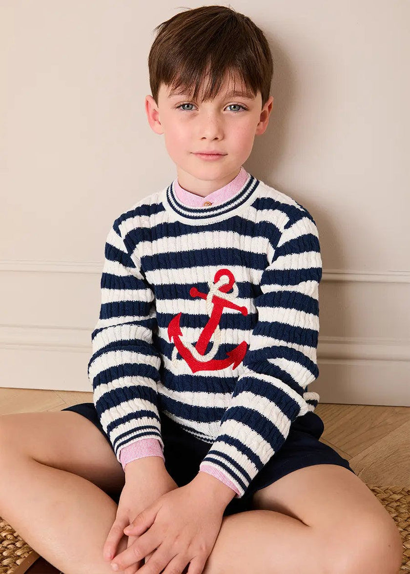 Anchor Motif Cable Knit Sailor Stripe Jumper in Navy (12mths- 10yrs)