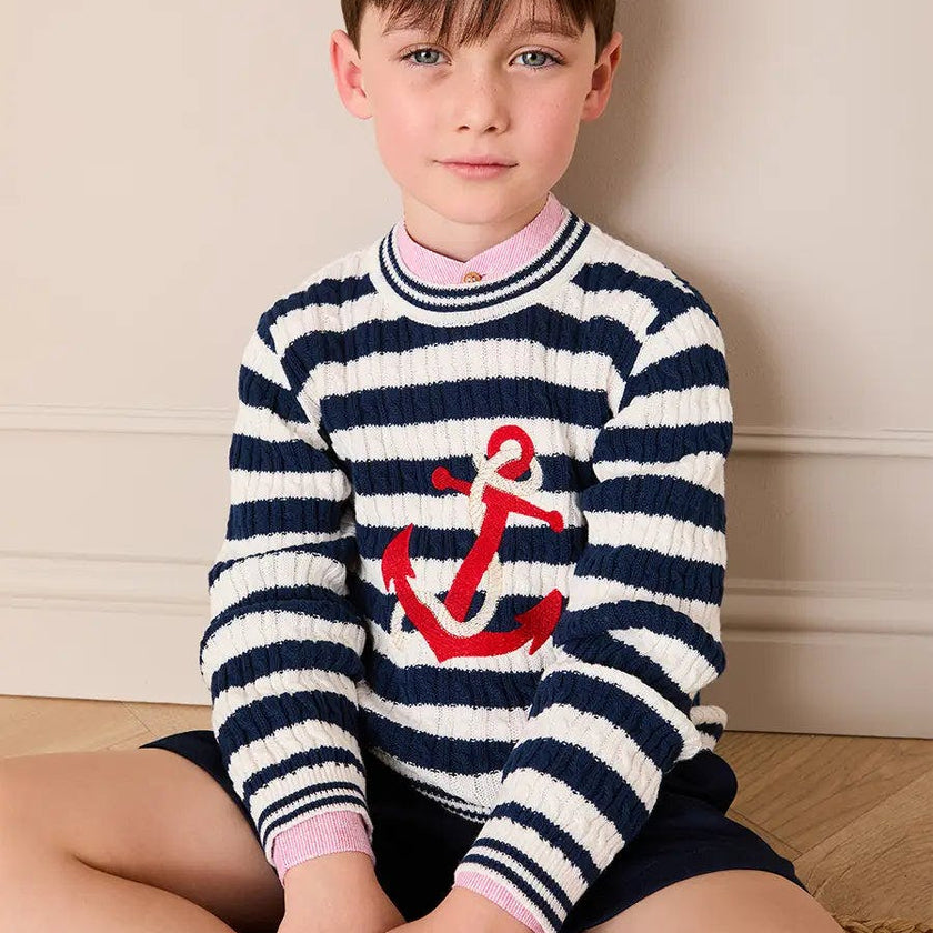 Anchor Motif Cable Knit Sailor Stripe Jumper in Navy (12mths- 10yrs)