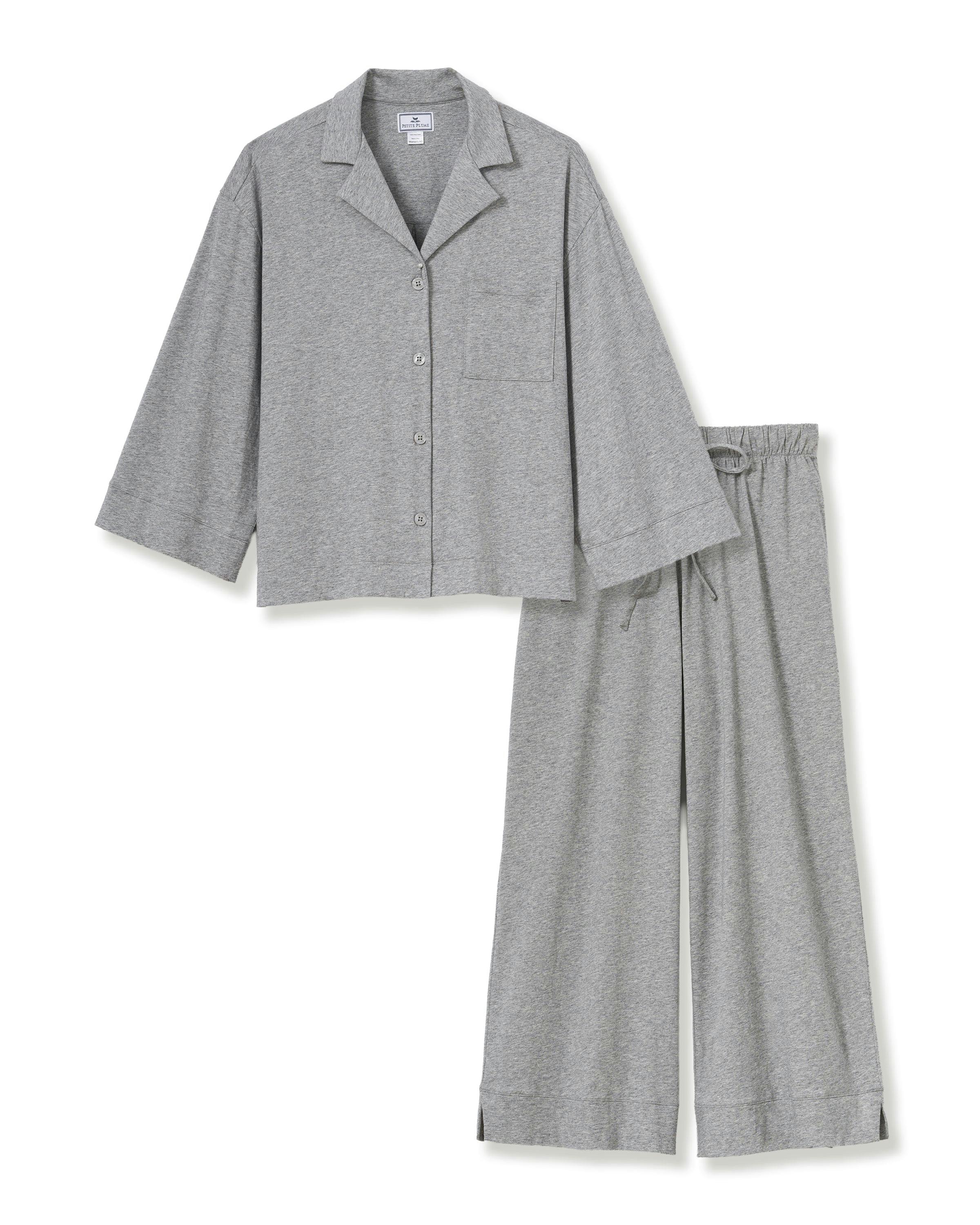 The Olivia Wide Leg Lightweight Pima Pajama Set in Heather Grey