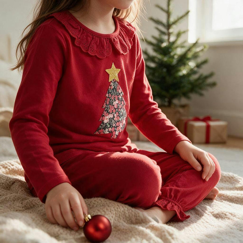 Liberty of London children's Christmas tree frilled pyjamas - red
