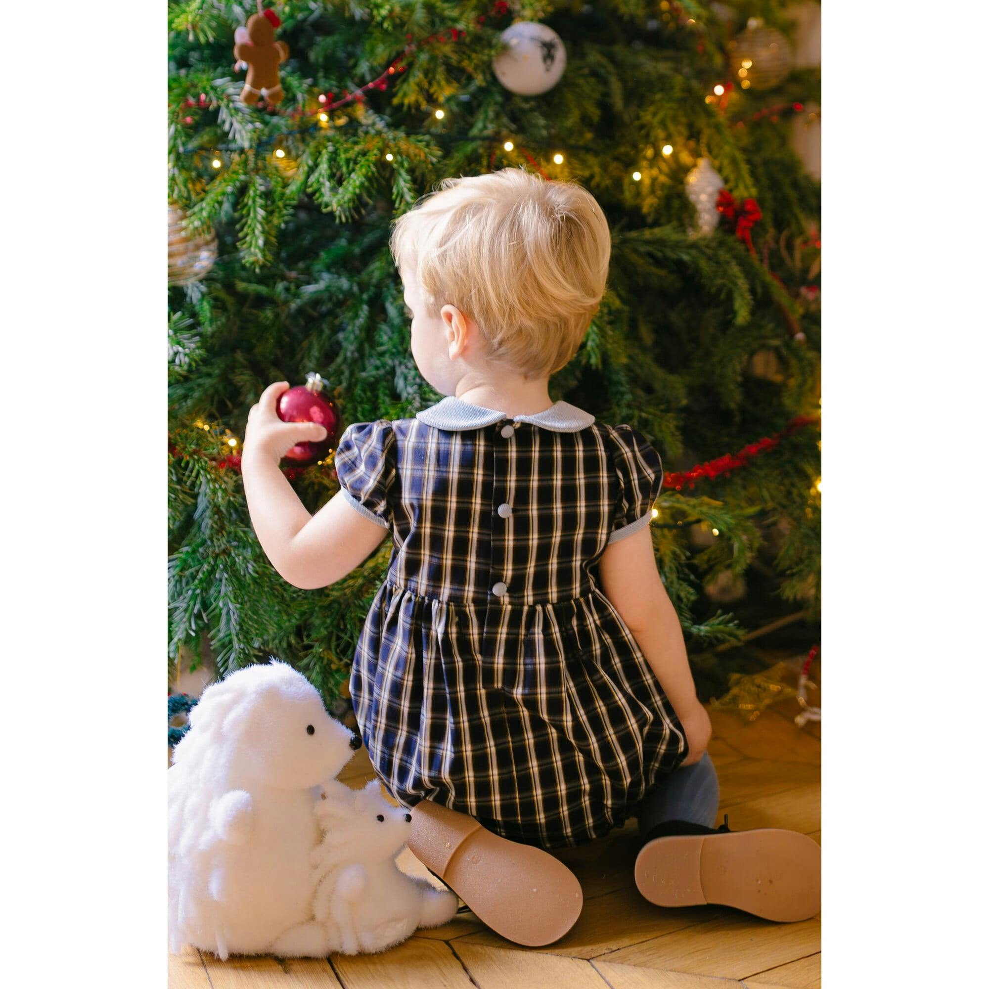 Angelica Navy Tartan Short Sleeve Smocked Bubble