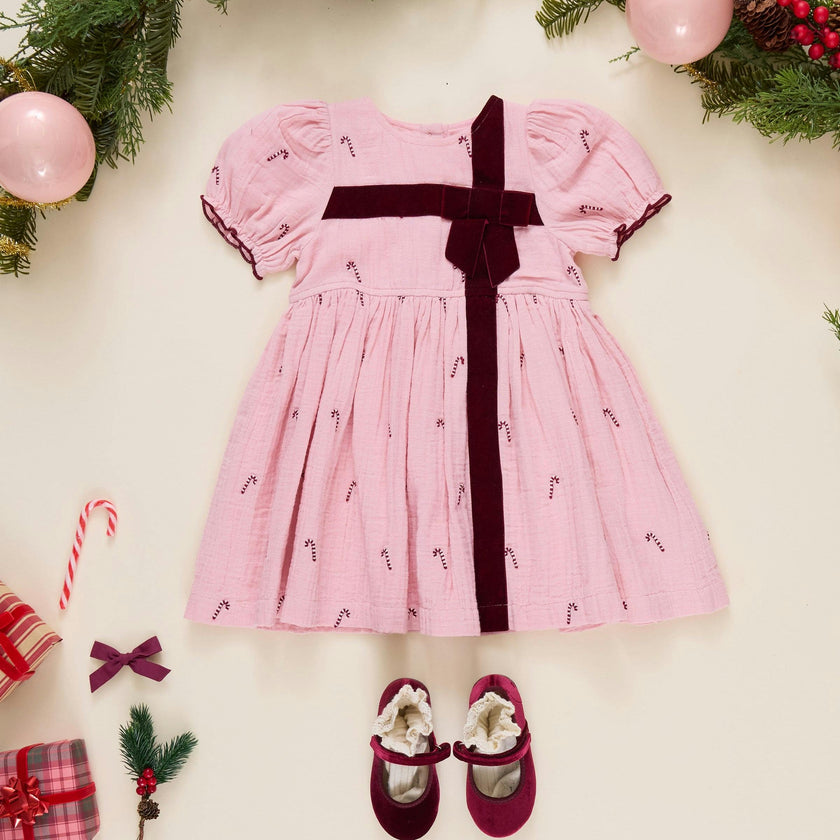 Girls Liliana Dress - Pink Velvet Bow