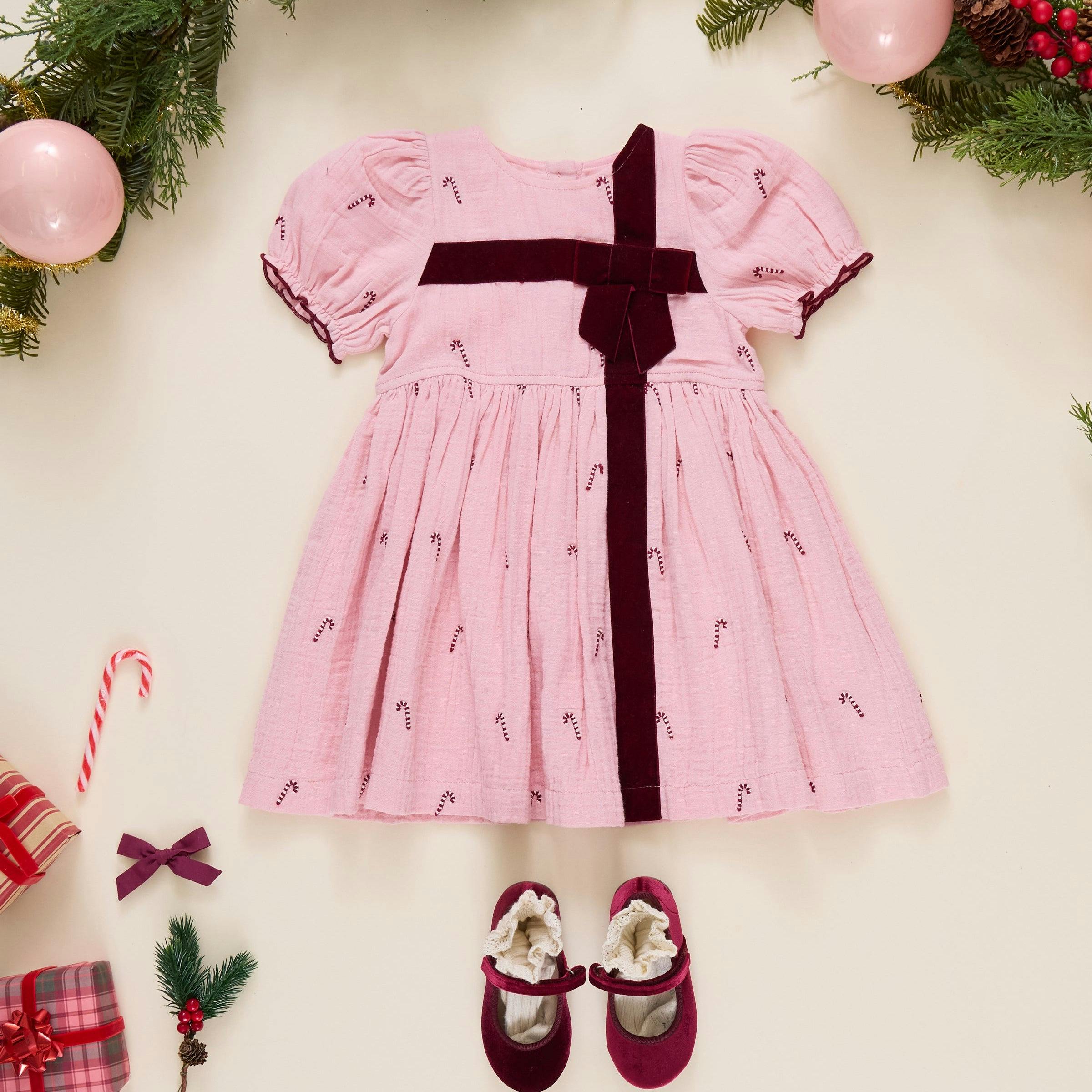 Girls Liliana Dress - Pink Velvet Bow