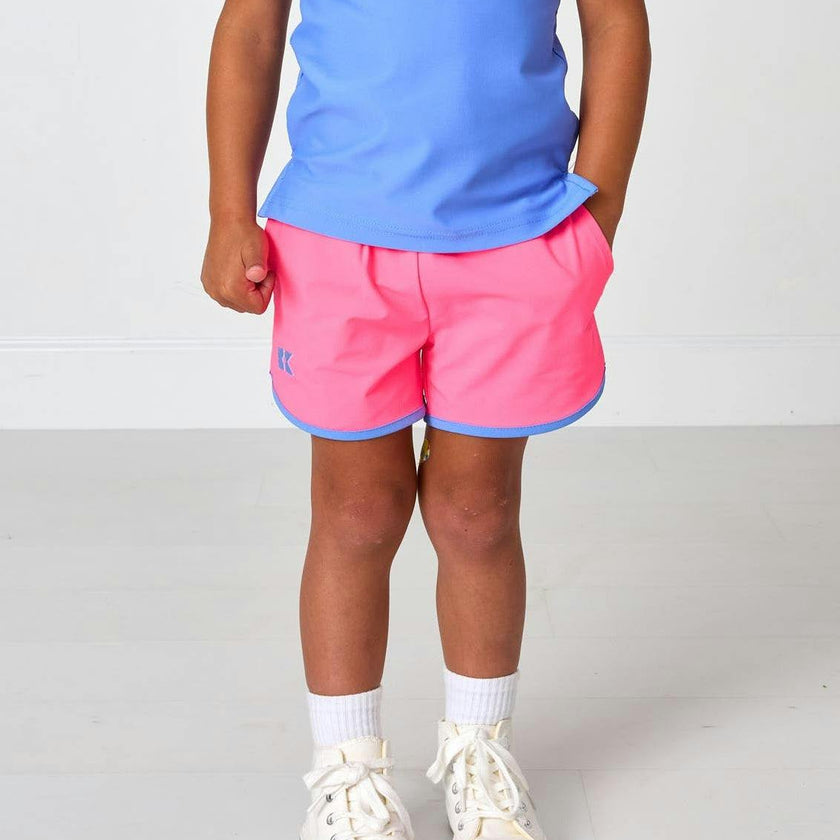 neon pink retro super short with sky blue piping