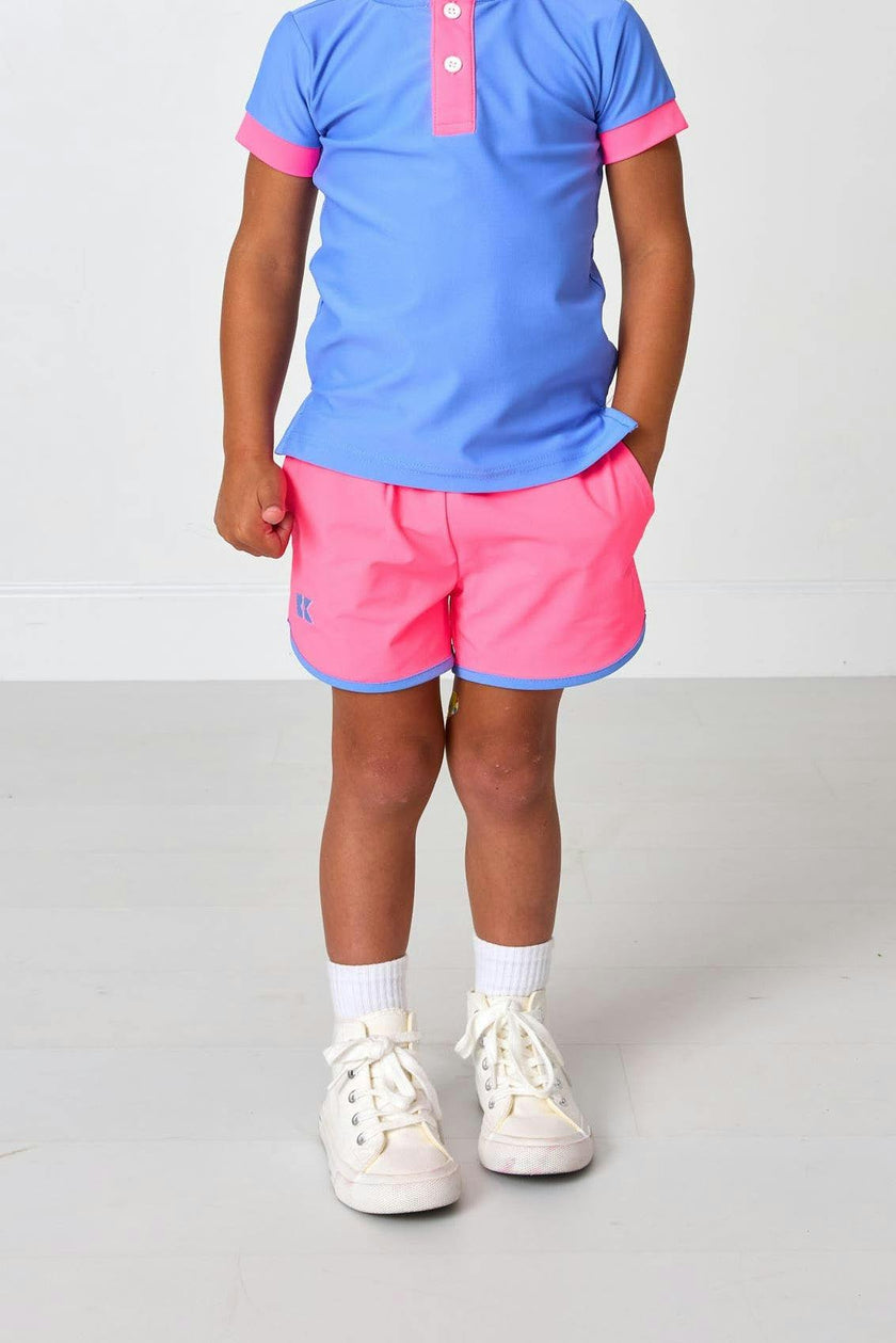 neon pink retro super short with sky blue piping