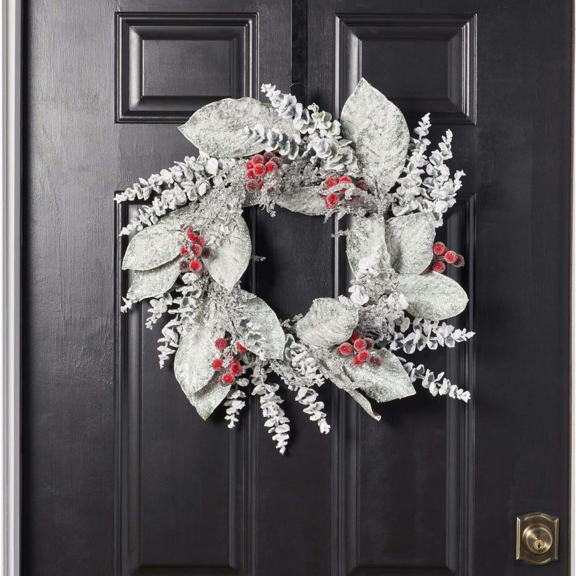 Snow Covered Magnolia Leaf & Eucalyptus with Iced Sugar Berry Seed Pods Holiday Winter Wreath