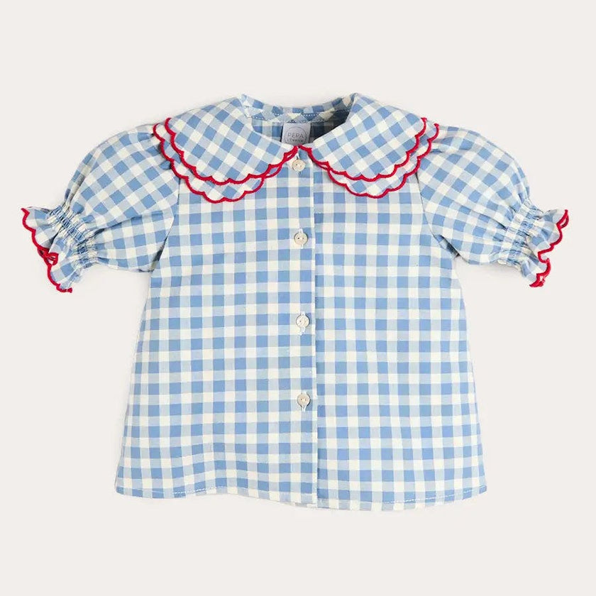 Darby Gingham Scallop Layered Collar Short Sleeve Blouse in Blue (18mths-12yrs)