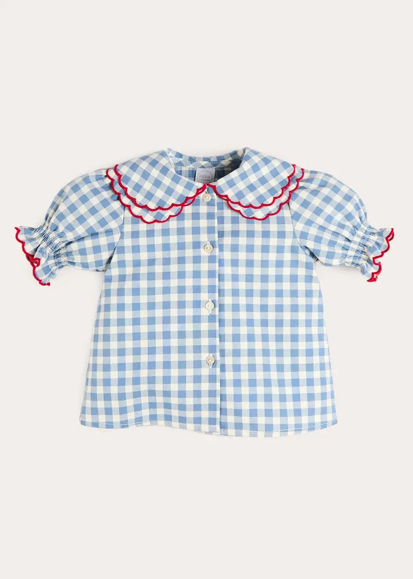 Darby Gingham Scallop Layered Collar Short Sleeve Blouse in Blue (18mths-12yrs)