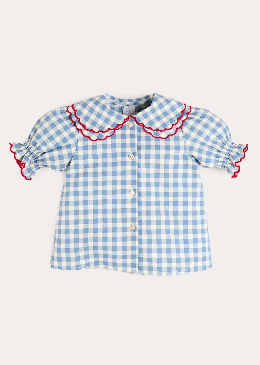 Darby Gingham Scallop Layered Collar Short Sleeve Blouse in Blue (18mths-12yrs)
