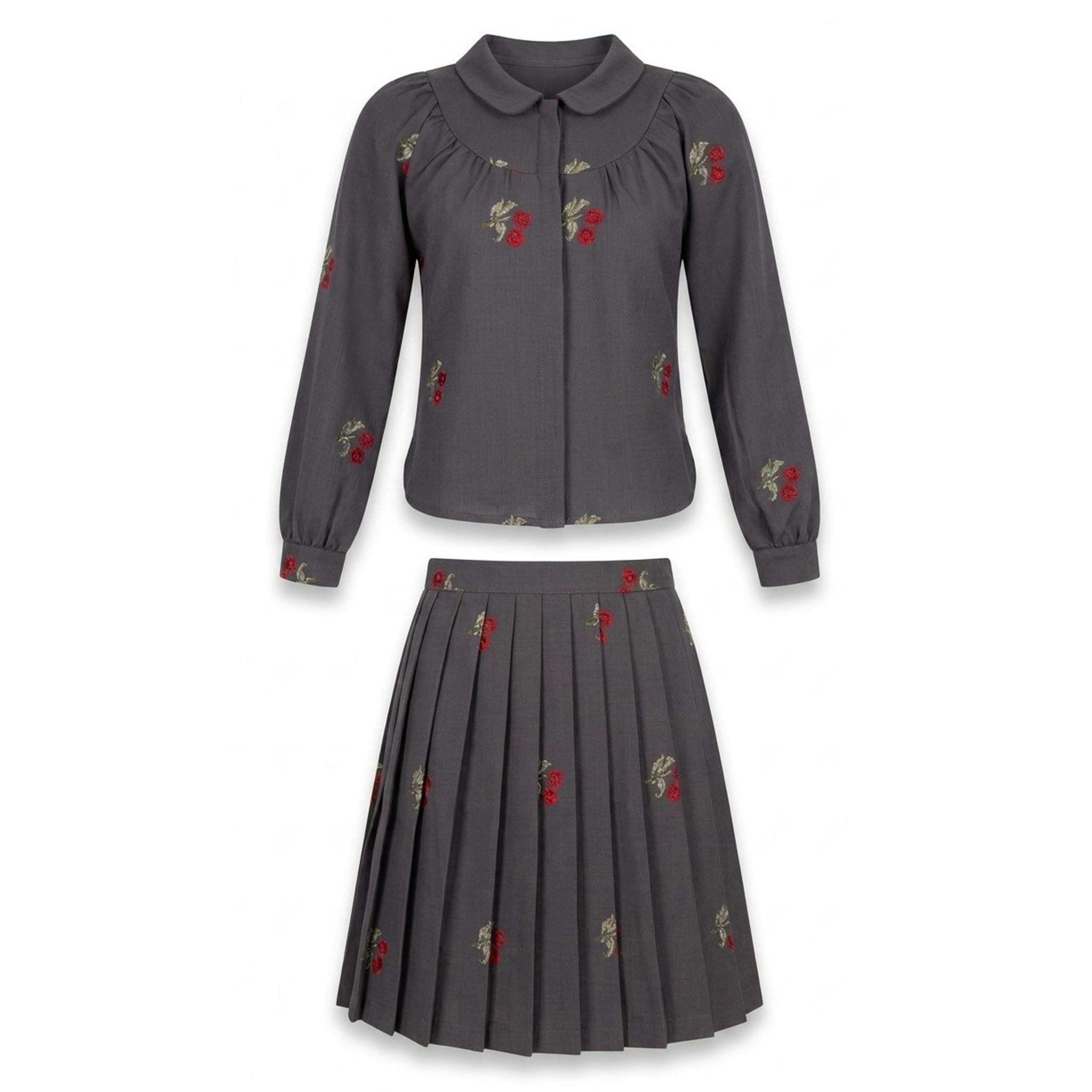 Cherry Cross Stitch Embroidery Blouse And Skirt Set