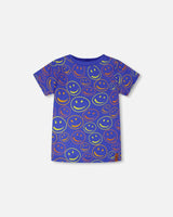 Organic Cotton Jersey T-Shirt Blue Smiley Print