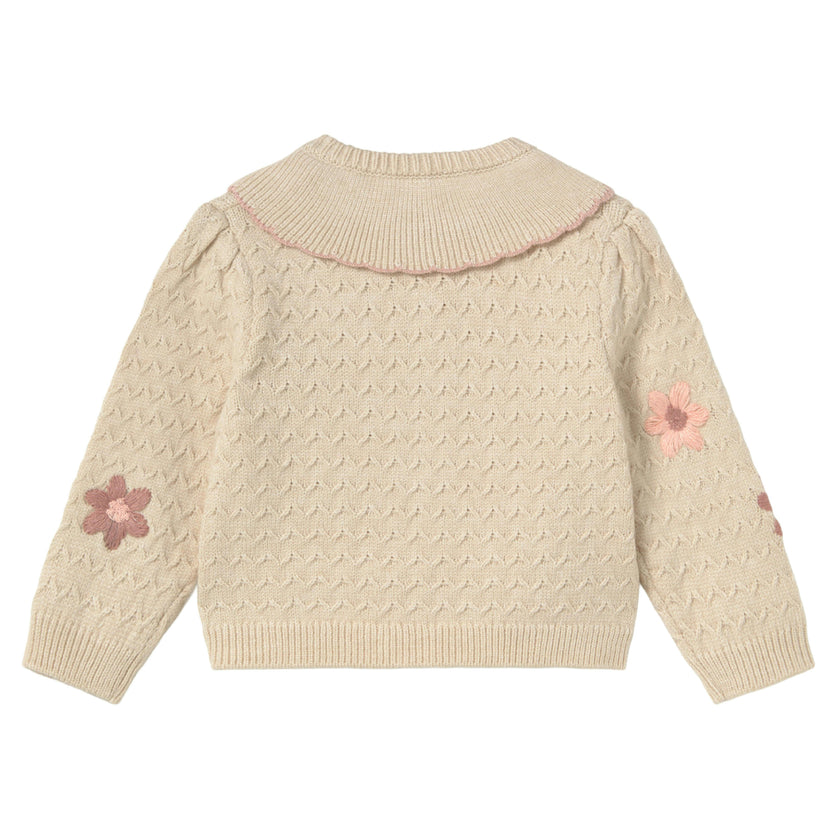 Cream Flower-Patterned Knitted Cardigan
