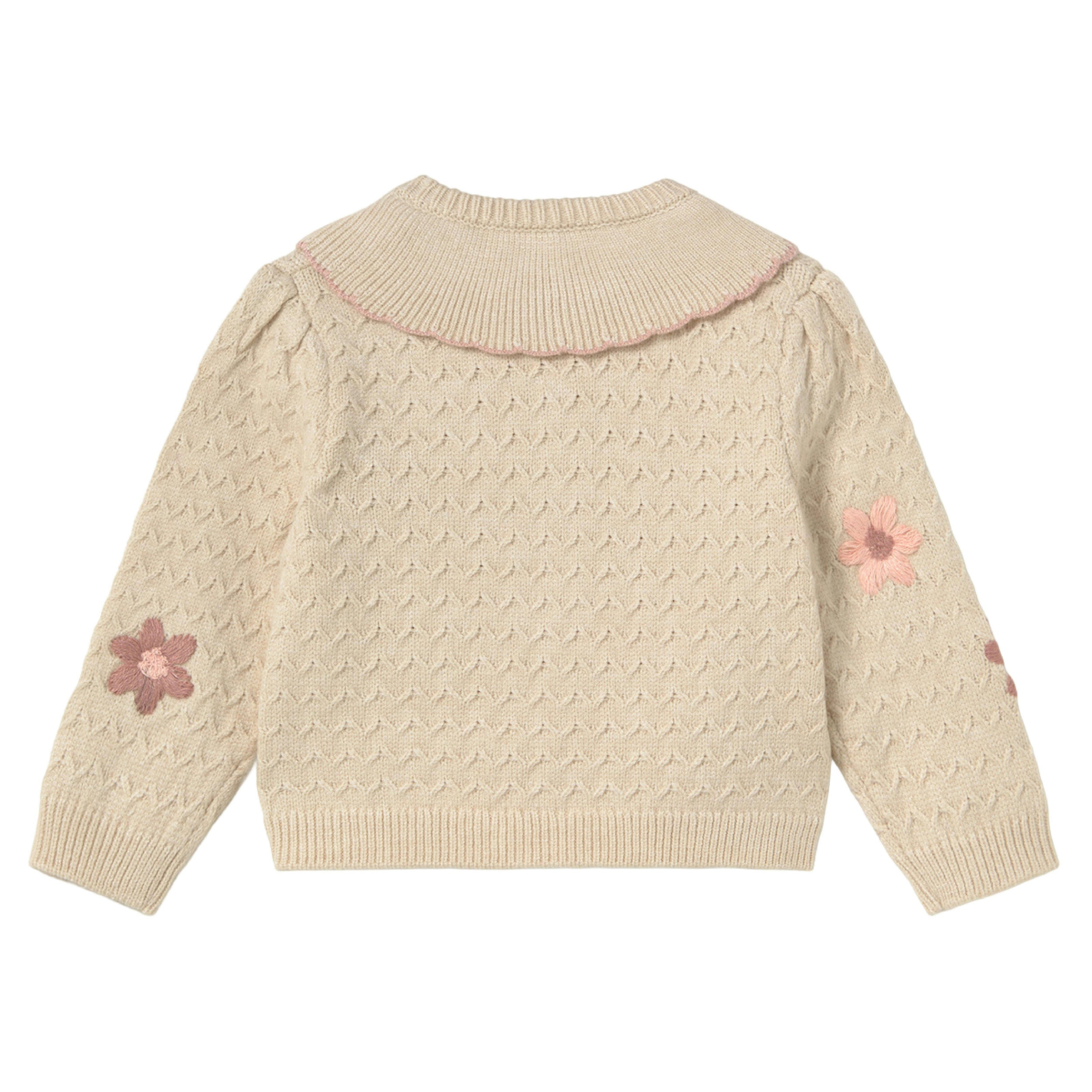 Cream Flower-Patterned Knitted Cardigan