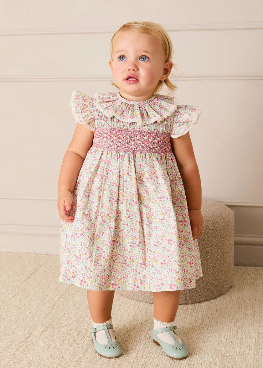 Adelaide Floral Hand Smocked Ruffle Collar Cap Sleeve Dress in Pink (12mths-6yrs)