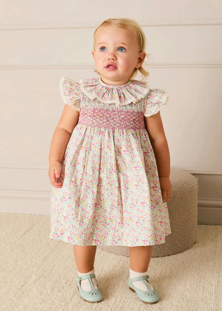Adelaide Floral Hand Smocked Ruffle Collar Cap Sleeve Dress in Pink (12mths-6yrs)