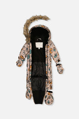 Baby One Piece Snowsuit Adapted For Car Seats Beige Dog Print