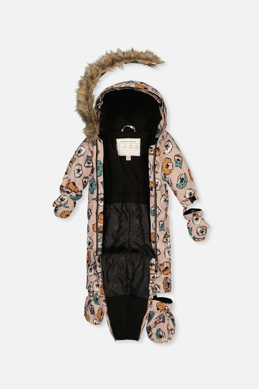 Baby One Piece Snowsuit Adapted For Car Seats Beige Dog Print