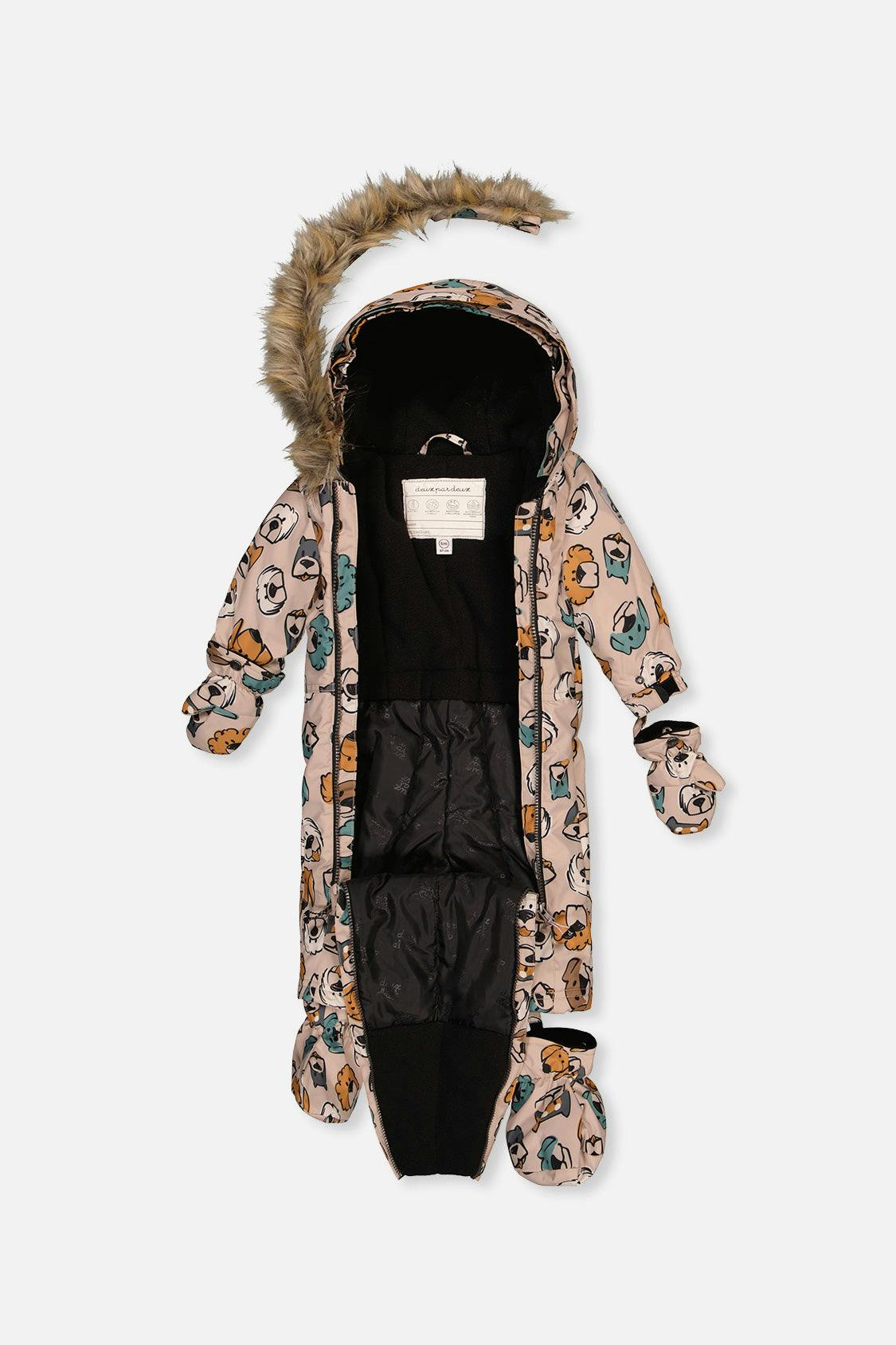 Baby One Piece Snowsuit Adapted For Car Seats Beige Dog Print