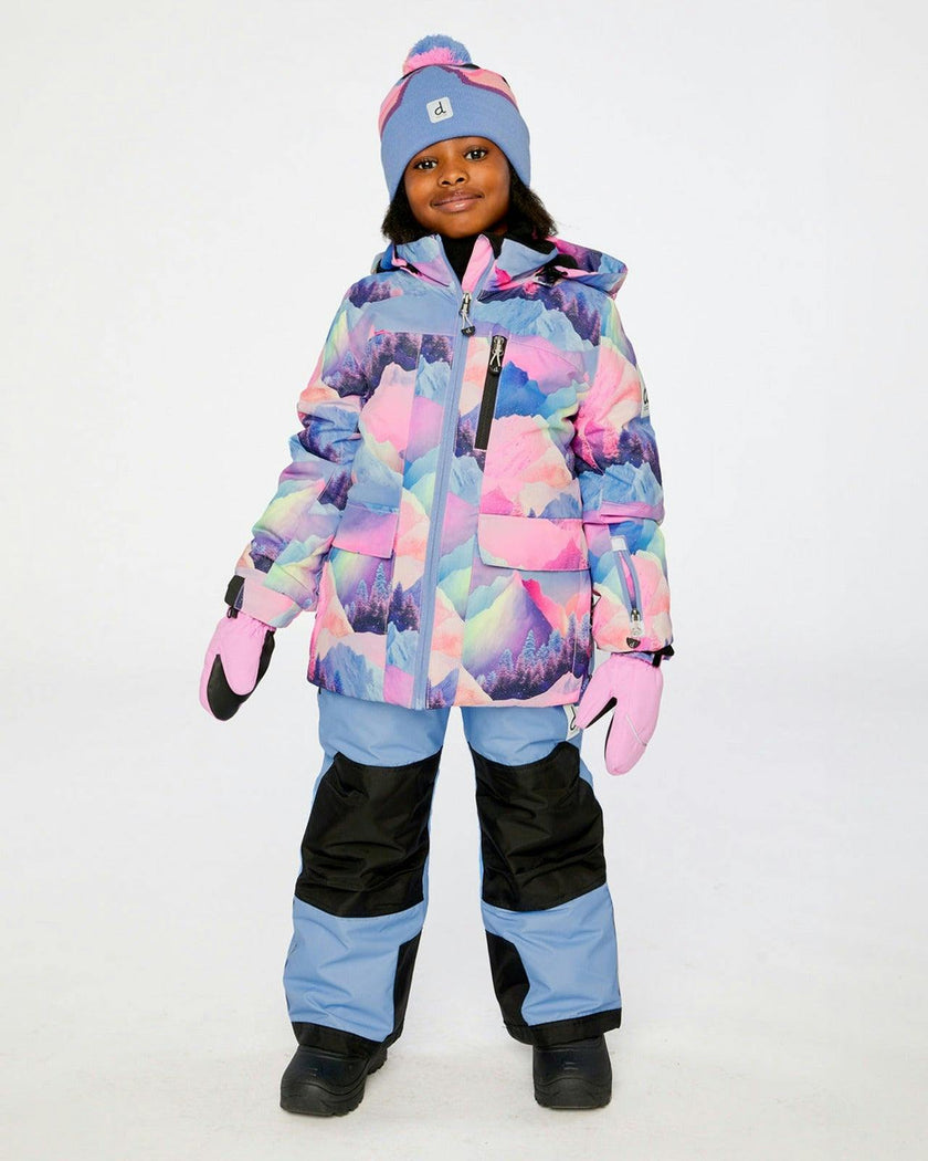 Two Piece Play Snowsuit Pink Mountain Print With Blue Pants