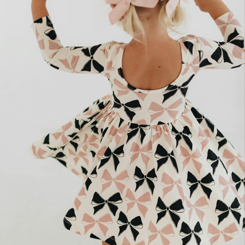 3/4 Sleeve Twirl Dress in Vintage Pink and Black Bows