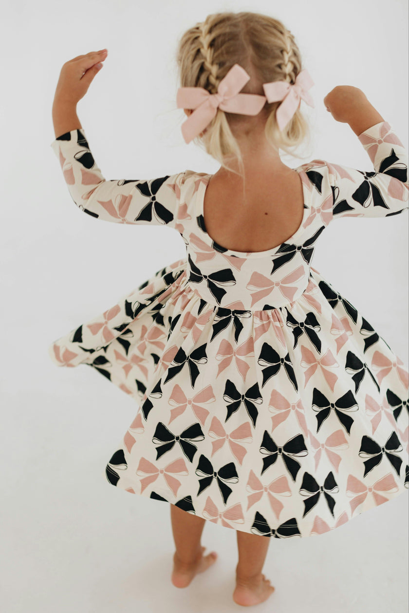 3/4 Sleeve Twirl Dress in Vintage Pink and Black Bows