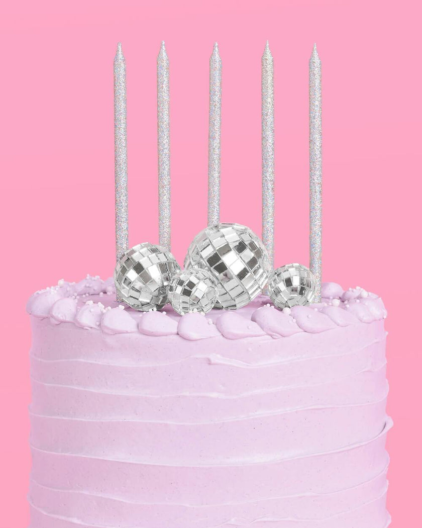 Disco + Iridescent Candle Cake Topper - candles + disco ball cake toppers