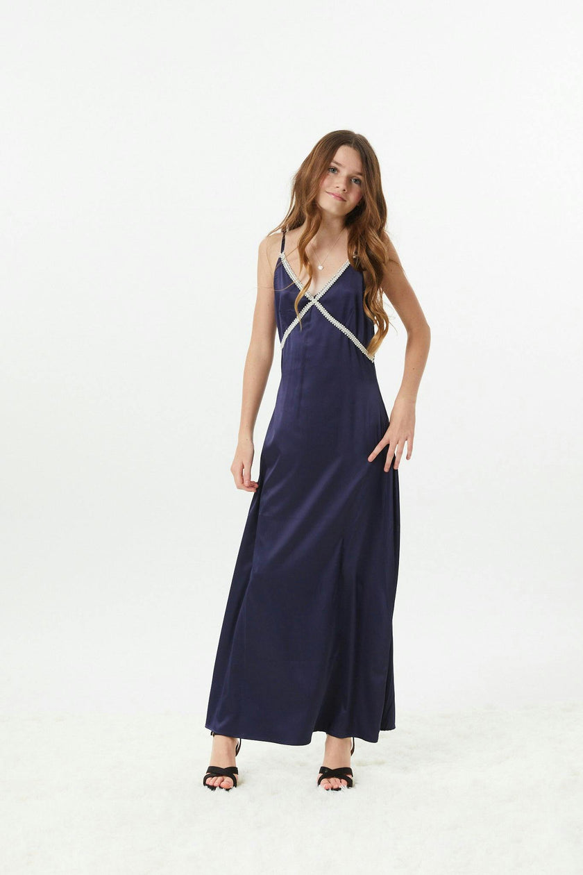 Miller Navy Satin Maxi Dress With Lace Trim
