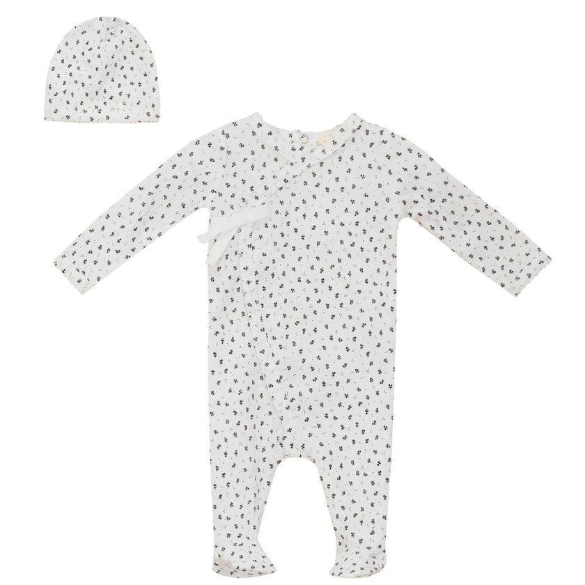 Flower Print Crinkle Snap Front Floral Romper and Hat Two Piece Set