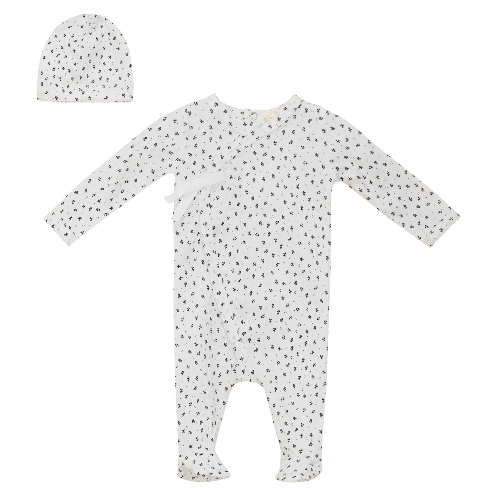 Flower Print Crinkle Snap Front Floral Romper and Hat Two Piece Set