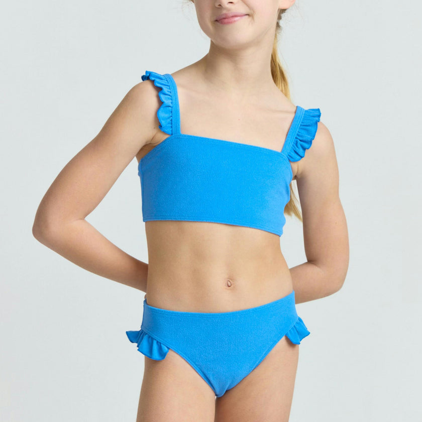 girls deep sea blue terry ruffle strap bandeau bikini
