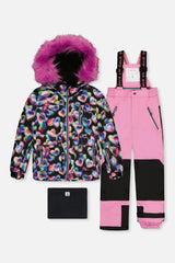 Two Piece Play Snowsuit Black Heart Print With Pink Pants
