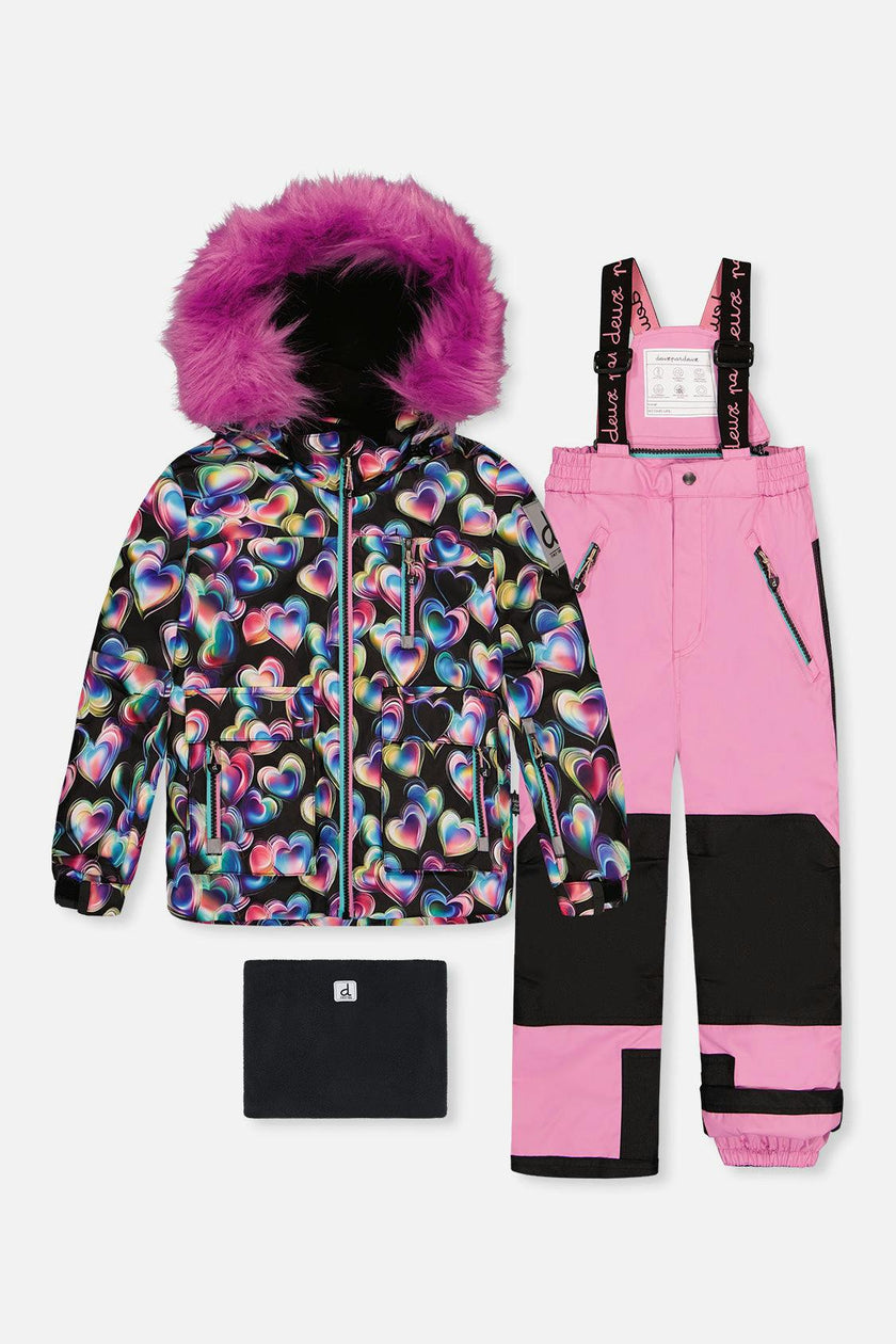 Two Piece Play Snowsuit Black Heart Print With Pink Pants