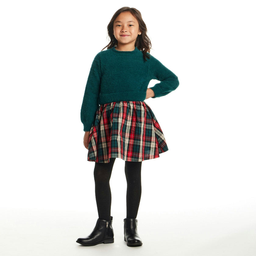 Kids Knit Twofer Dress | Green Plaid
