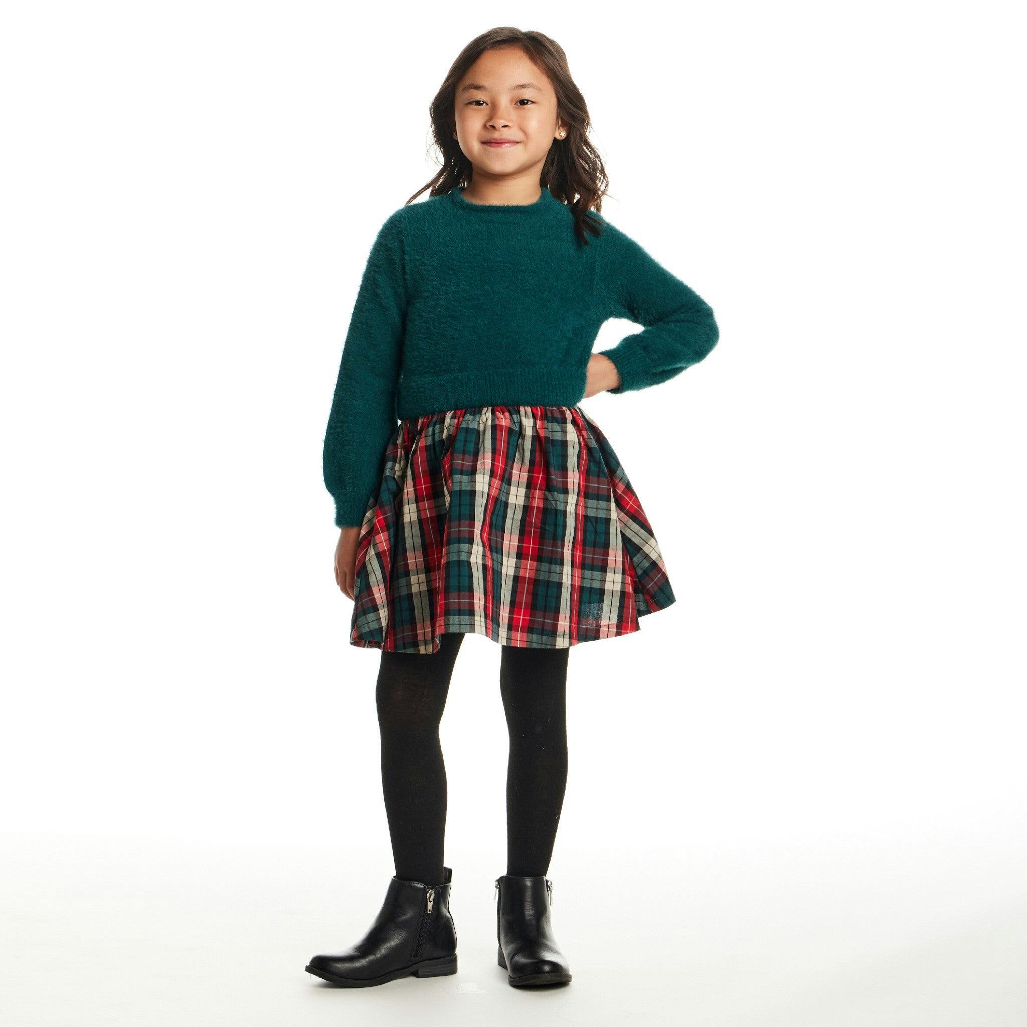 Kids Knit Twofer Dress | Green Plaid