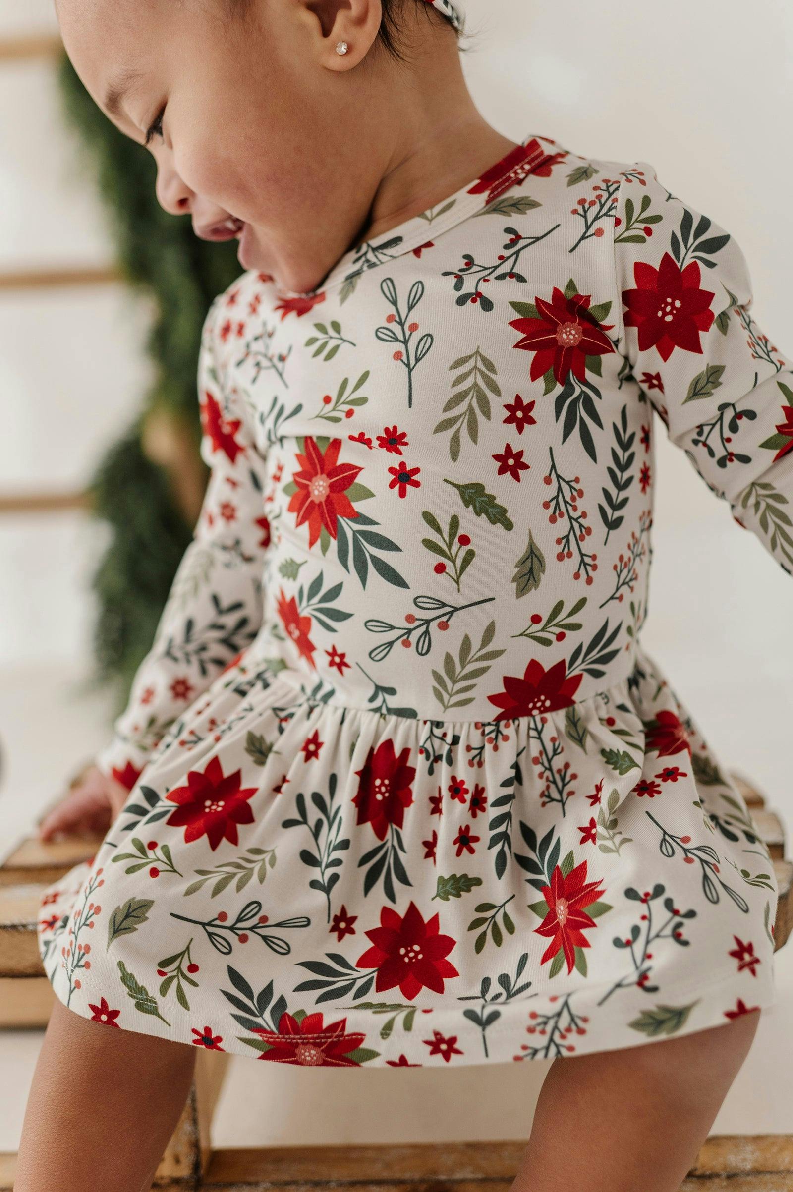 Baby Girl Long Sleeve Bodysuit Dress Set in Poinsettia