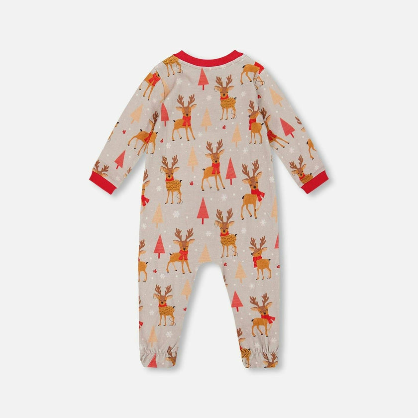 One-Piece Organic Cotton Pajama Beige Reindeer Print