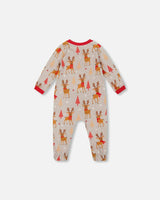 One-Piece Organic Cotton Pajama Beige Reindeer Print
