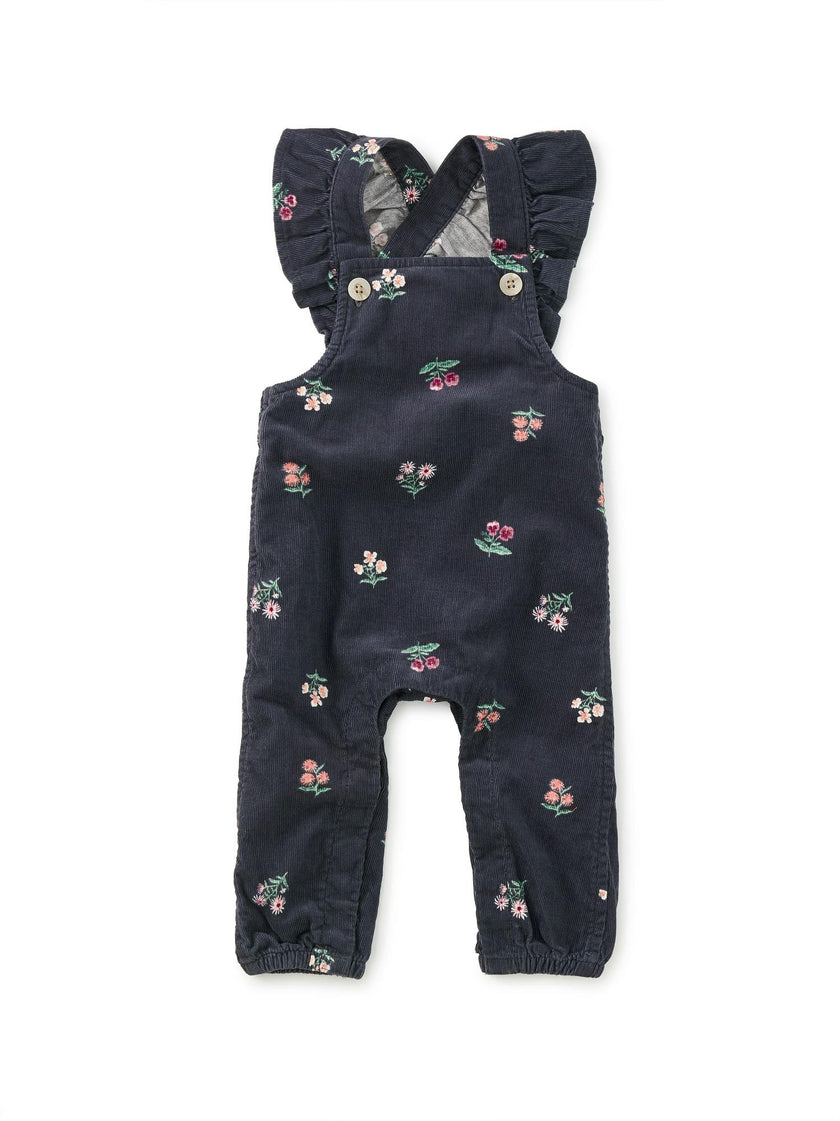 Corduroy Ruffle Baby Overalls, Midnight Posy