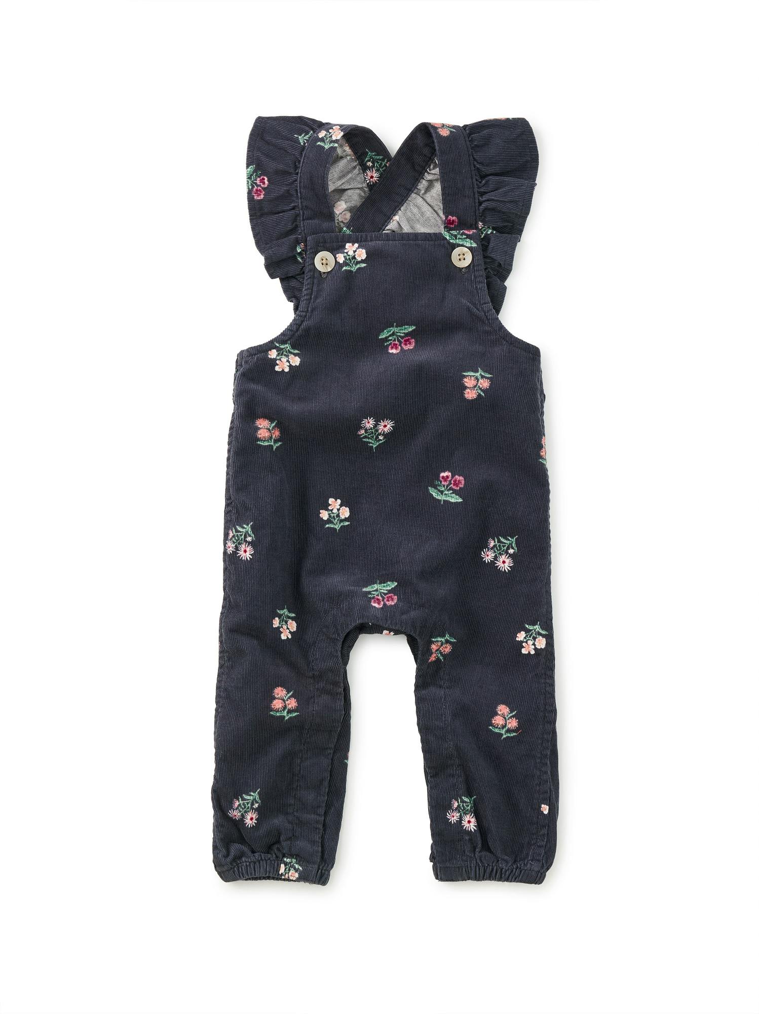 Corduroy Ruffle Baby Overalls, Midnight Posy