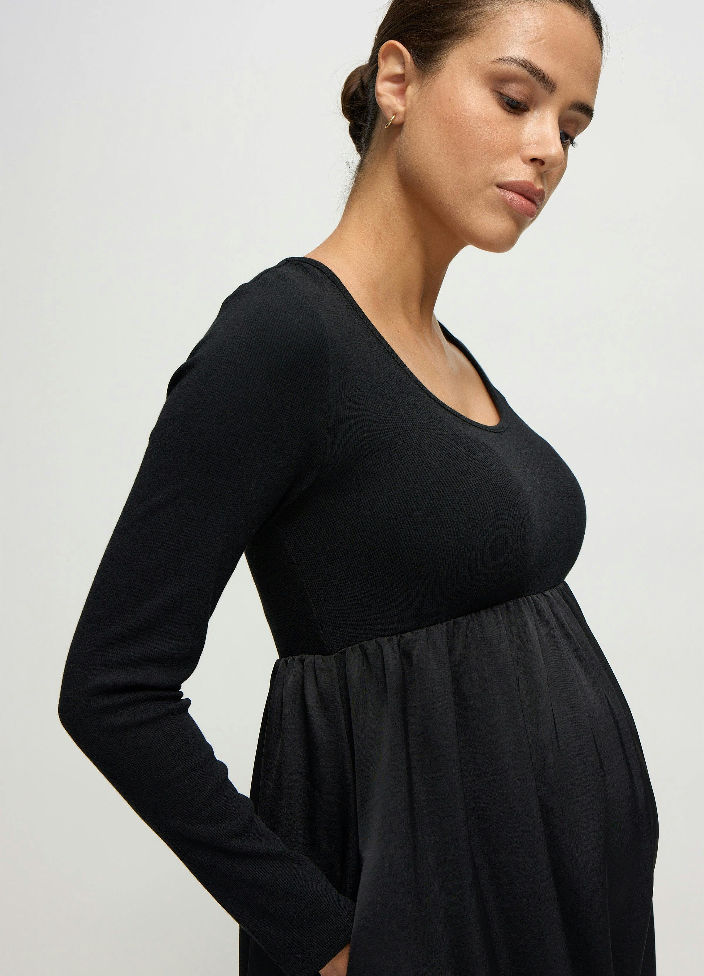 Long Sleeve Knit to Woven Maternity Nursing Midi Dress