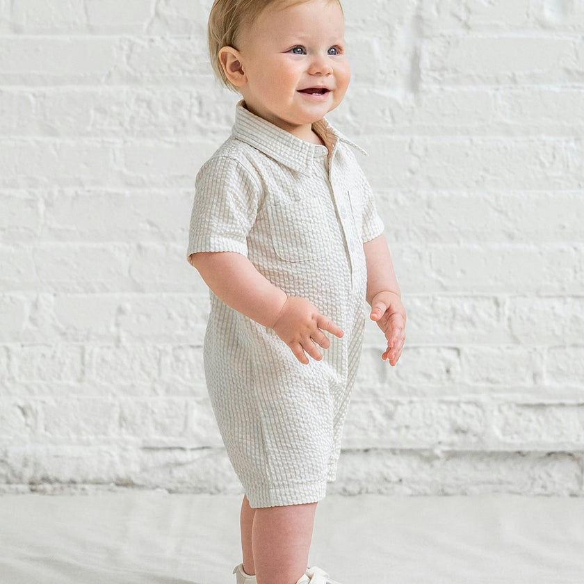 Mato Seersucker Collared Romper - Dune Stripe