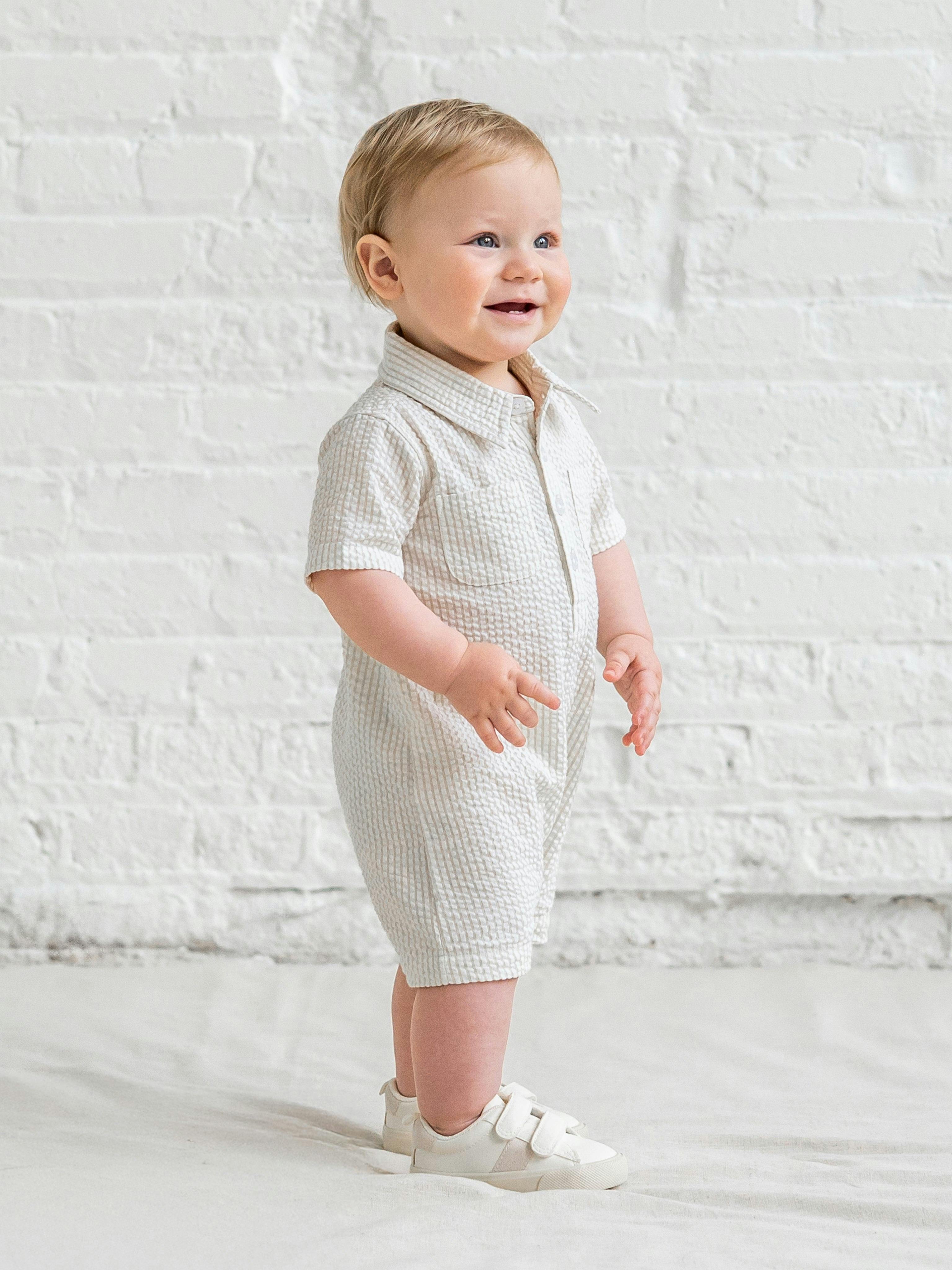 Mato Seersucker Collared Romper - Dune Stripe