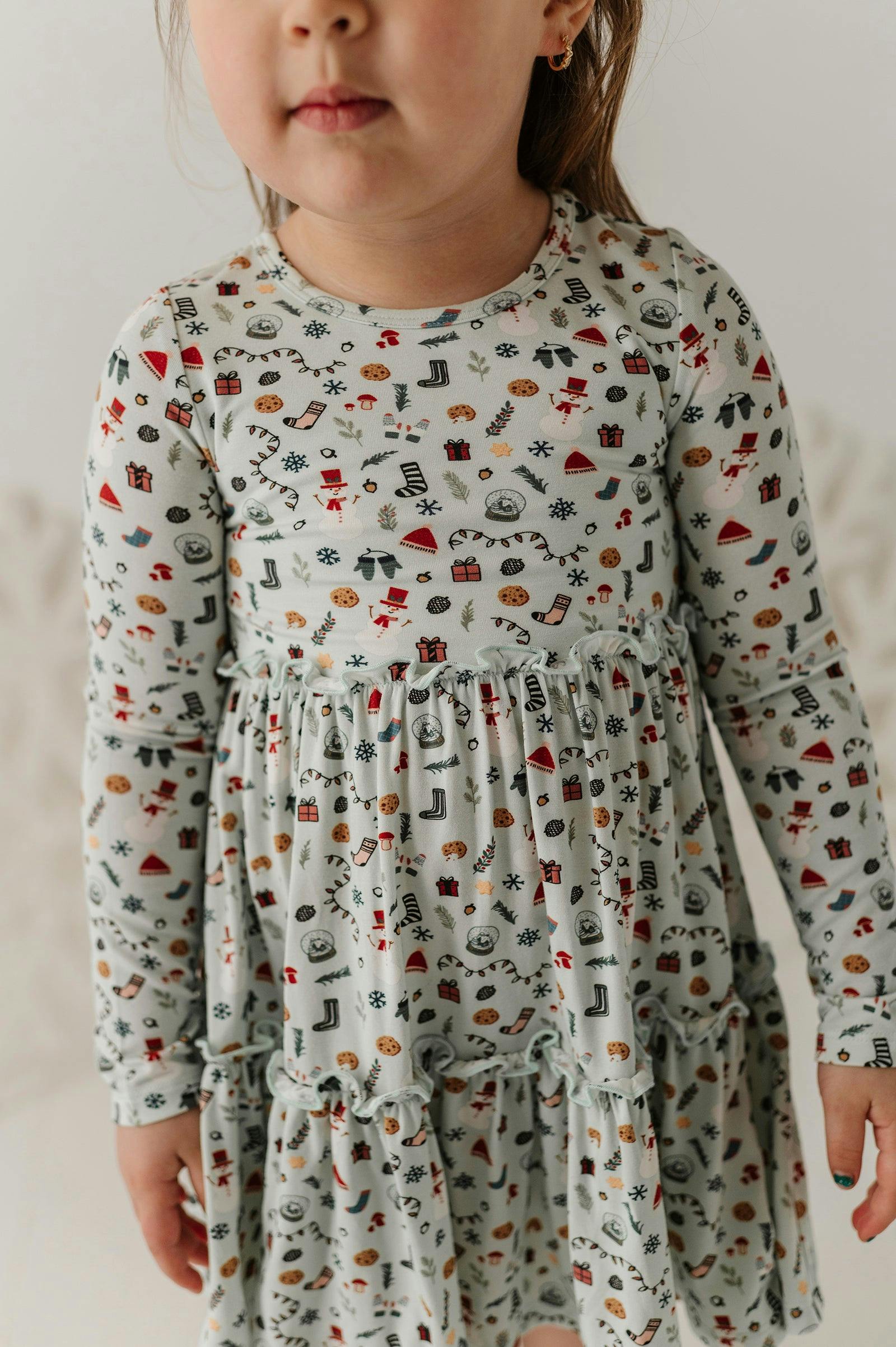 Girls Long Sleeve Double Tiered Dress in Christmas Elements